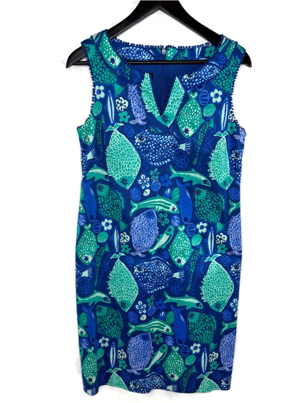 Talbots Blue & Green Fish-Print Sleeveless Midi Dress lined Cut Big